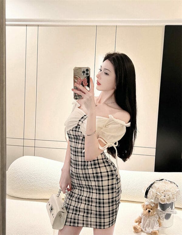 Korea Boat Neck Plaids Puff Sleeve Slim Dress 4