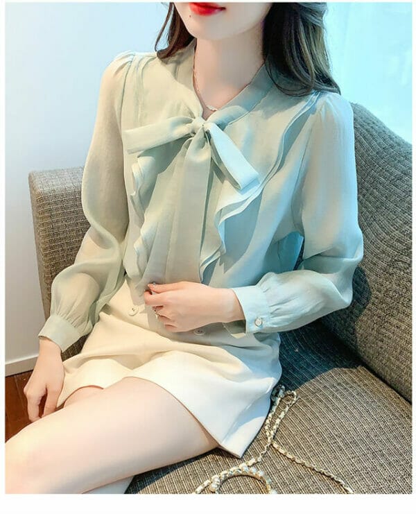 Korea Bowknot Collar Flouncing Chiffon Blouse 4