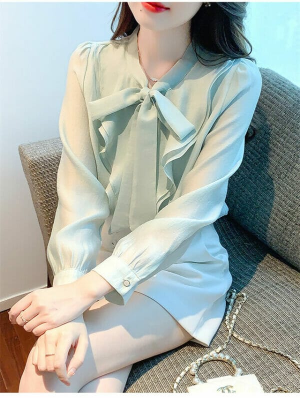 Korea Bowknot Collar Flouncing Chiffon Blouse 3