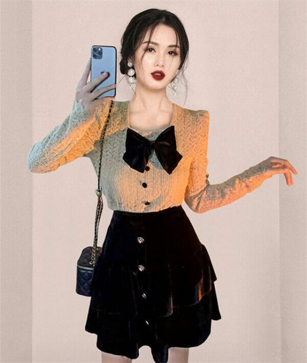 Korea Bowknot Collar Lace Short Blouse 2
