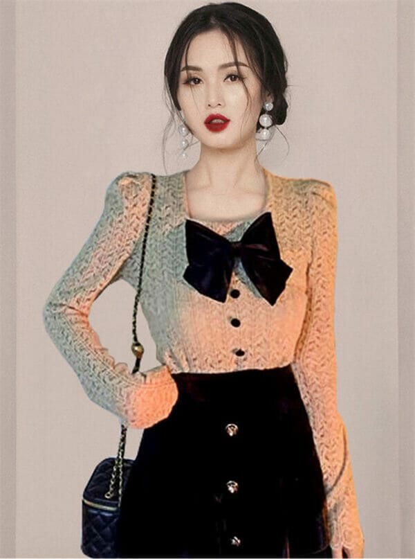 Korea Bowknot Collar Lace Short Blouse 1