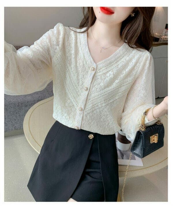 Korea Buttons V-neck Lace Flowers Puff Sleeve Blouse 2