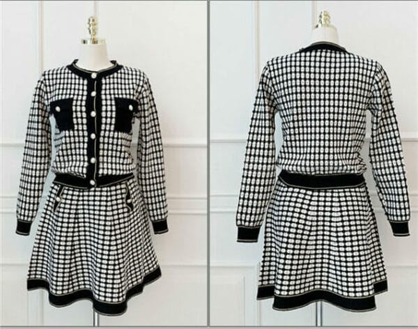 Korea Classic Buttons Open Plaids Knitting Dress Set 5