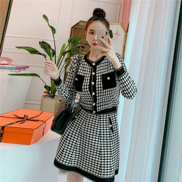 Korea Classic Buttons Open Plaids Knitting Dress Set 3