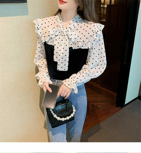 Korea Dots Tie Bowknot Collar Velvet Blouse 2