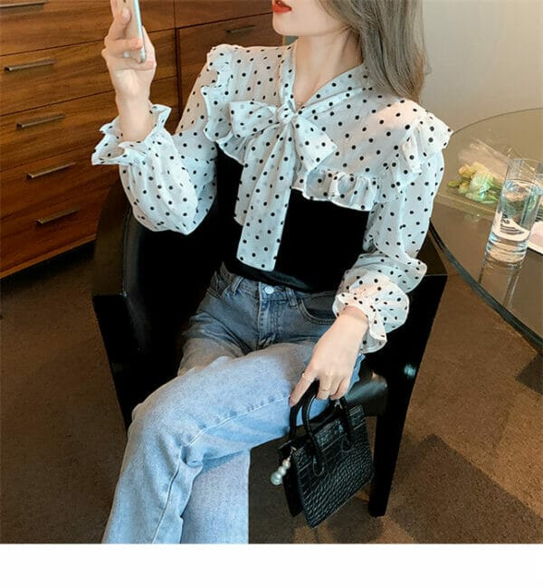 Korea Dots Tie Bowknot Collar Velvet Blouse 1