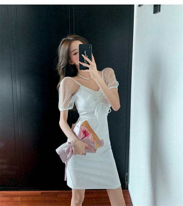 Korea Draw-string Boat Neck Gauze Sleeve Slim Dress 4