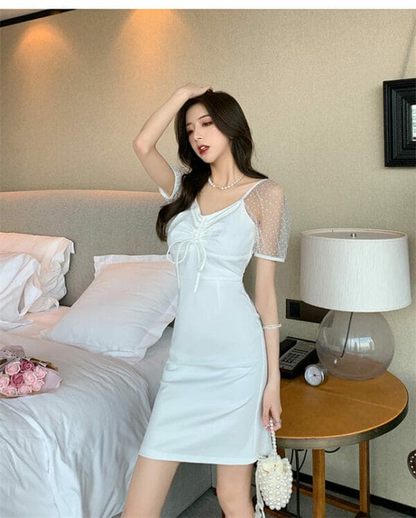 Korea Draw-string Boat Neck Gauze Sleeve Slim Dress 2