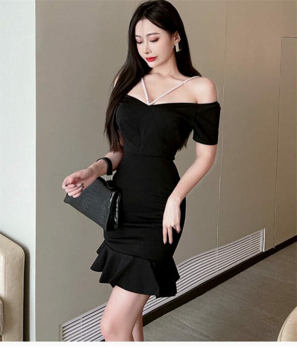 Korea Fashion Boat Neck Pearl Halter Fishtail Slim Dress 3