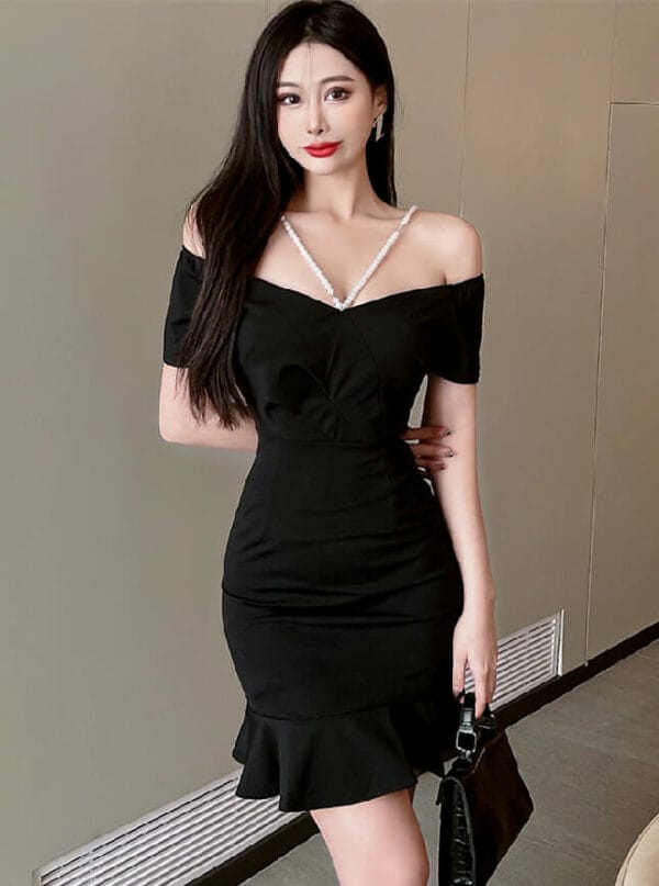 Korea Fashion Boat Neck Pearl Halter Fishtail Slim Dress 1