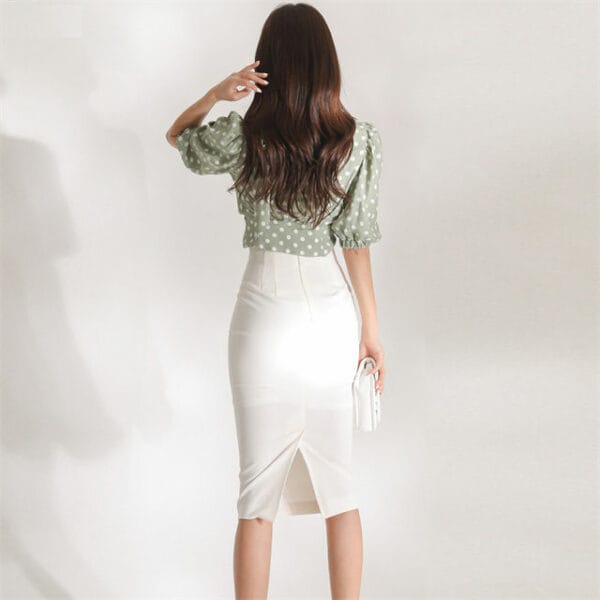 Korea Fashion Dots Puff Sleeve Blouse with Slim Midi Skirt 5