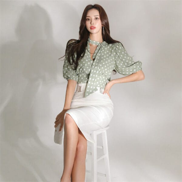 Korea Fashion Dots Puff Sleeve Blouse with Slim Midi Skirt 4