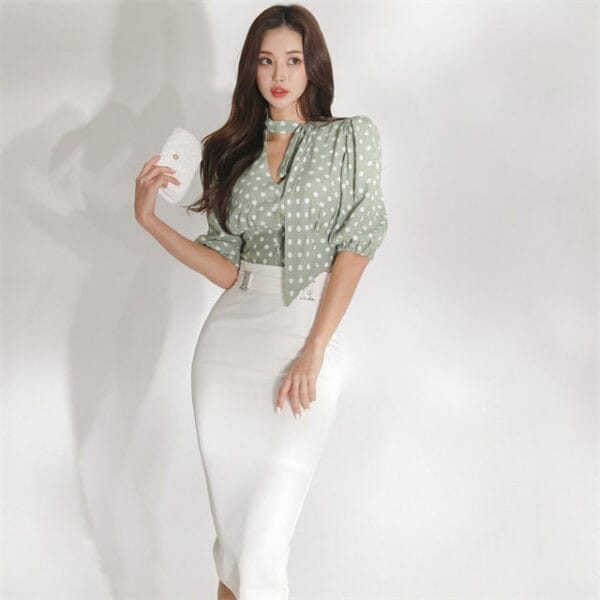 Korea Fashion Dots Puff Sleeve Blouse with Slim Midi Skirt 2