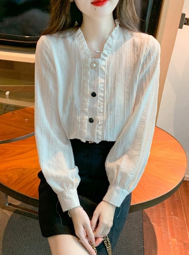 Korea Fashion Flouncing V-neck Puff Sleeve Blouse • Seoulinspired