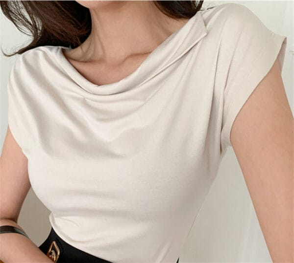 Korea Fashion Heaps Collar T-shirt with Tie Waist Slim Midi Skirt 5