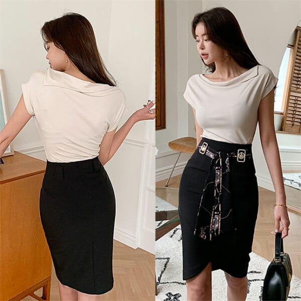 Korea Fashion Heaps Collar T-shirt with Tie Waist Slim Midi Skirt 4
