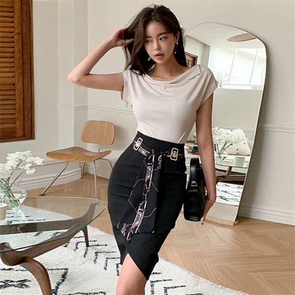Korea Fashion Heaps Collar T-shirt with Tie Waist Slim Midi Skirt 3