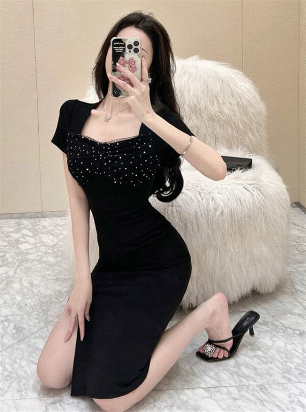 Korea Fashion Sequins Square Collar Slim Women Dress 5