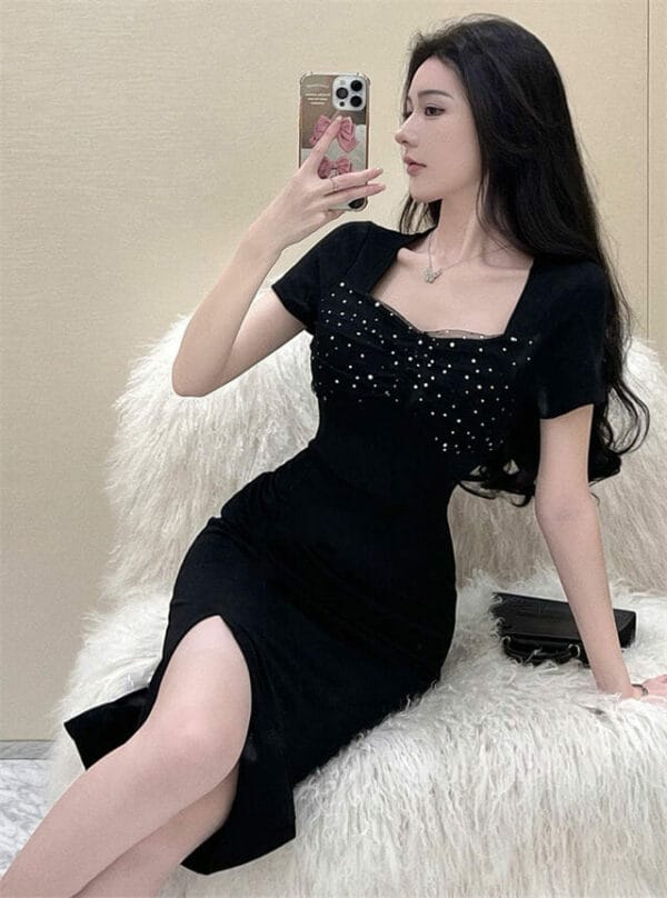 Korea Fashion Sequins Square Collar Slim Women Dress 3