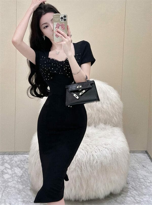 Korea Fashion Sequins Square Collar Slim Women Dress 2