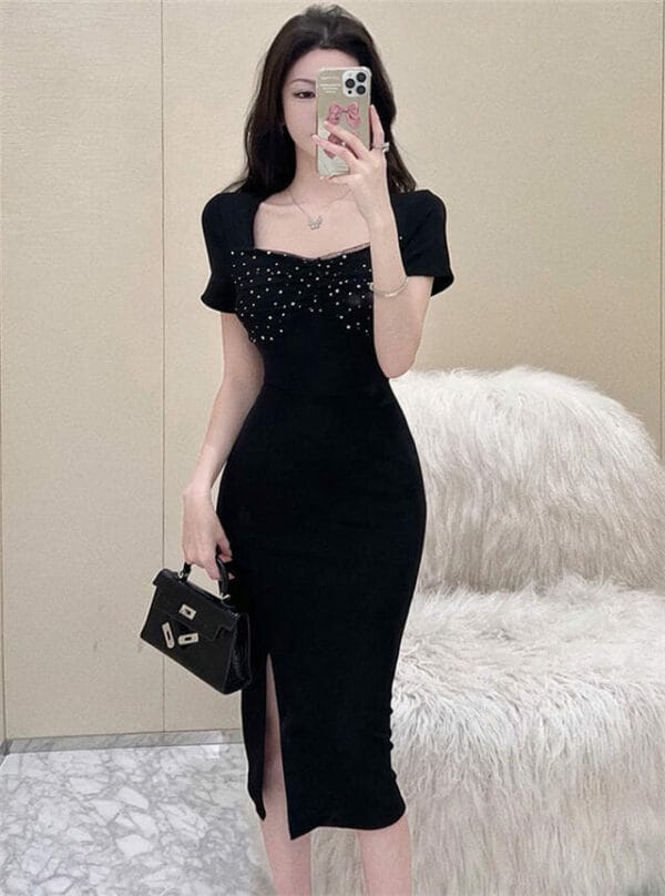 Korea Fashion Sequins Square Collar Slim Women Dress 1