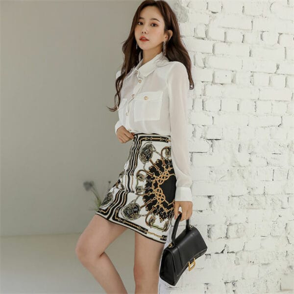 Korea Fashion Shirt Collar Blouse with Flowers Slim Skirt 4