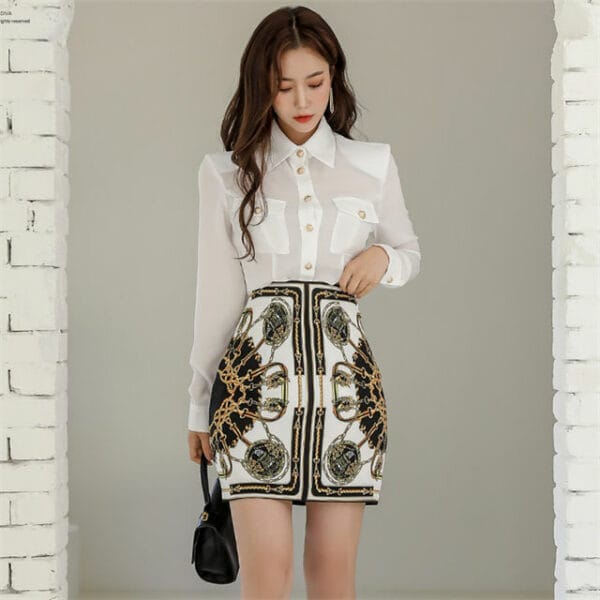 Korea Fashion Shirt Collar Blouse with Flowers Slim Skirt 2