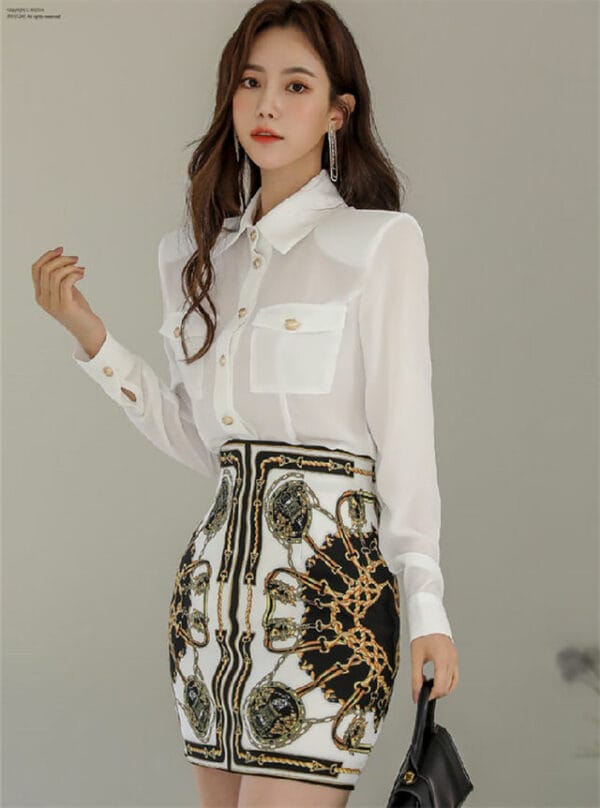 Korea Fashion Shirt Collar Blouse with Flowers Slim Skirt 1