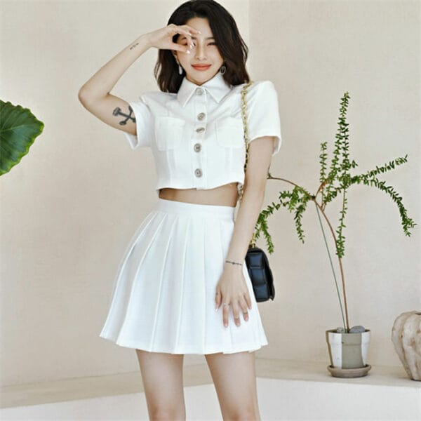 Korea Fashion Single-breasted Short Tops with Pleated Skirt 2