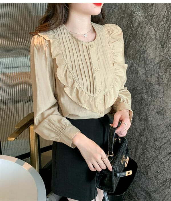 Korea Fashion Spring Pleated Round Neck Loosen Blouse 4