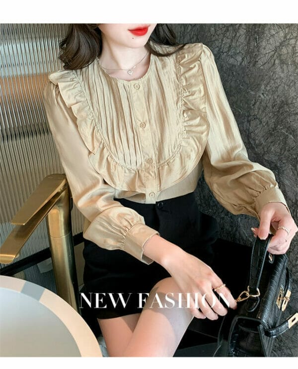 Korea Fashion Spring Pleated Round Neck Loosen Blouse 3