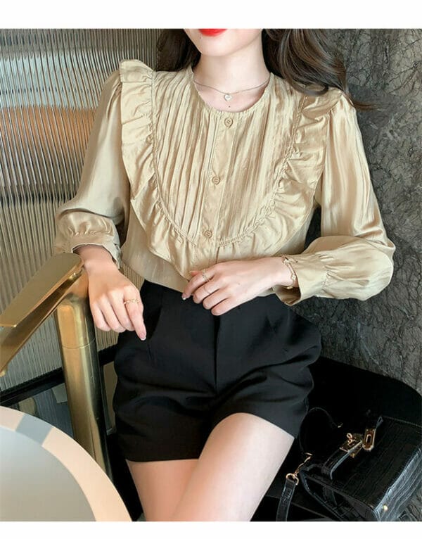 Korea Fashion Spring Pleated Round Neck Loosen Blouse 2