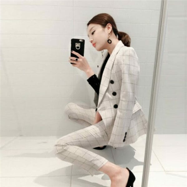 Korea Fashion Tailored Collar Plaids Slim Long Suits 4