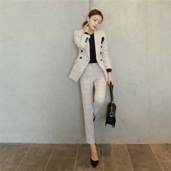Korea Fashion Tailored Collar Plaids Slim Long Suits 3