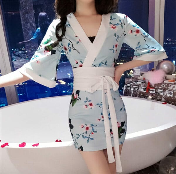 Korea Fashion Tie Waist V-neck Flowers Slim Dress 4