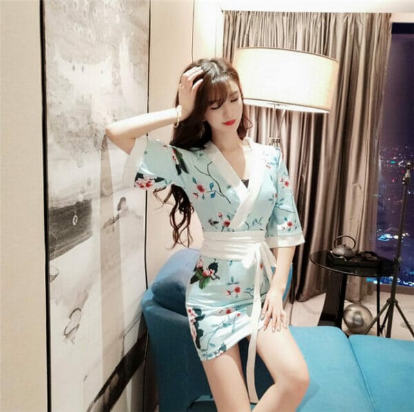 Korea Fashion Tie Waist V-neck Flowers Slim Dress 3