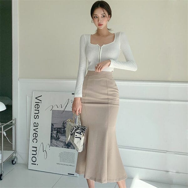 Korea Fashion Zipper Open Cotton Tops with Fishtail Skirt 3