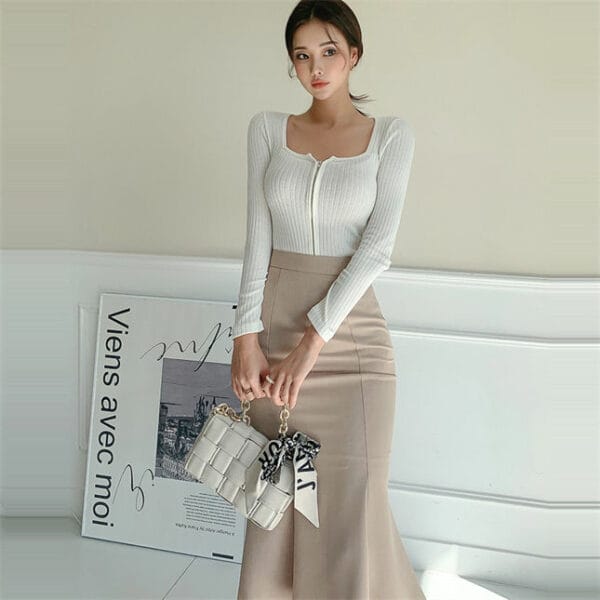 Korea Fashion Zipper Open Cotton Tops with Fishtail Skirt 2