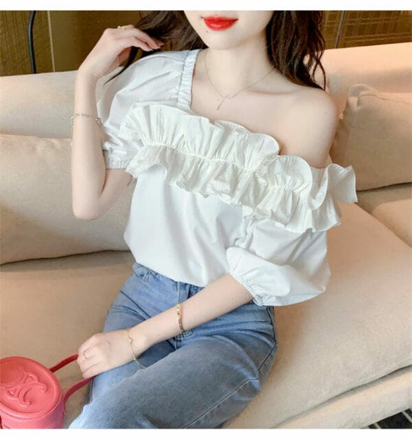 Korea Flouncing Off Shoulder Loosen Blouse 4