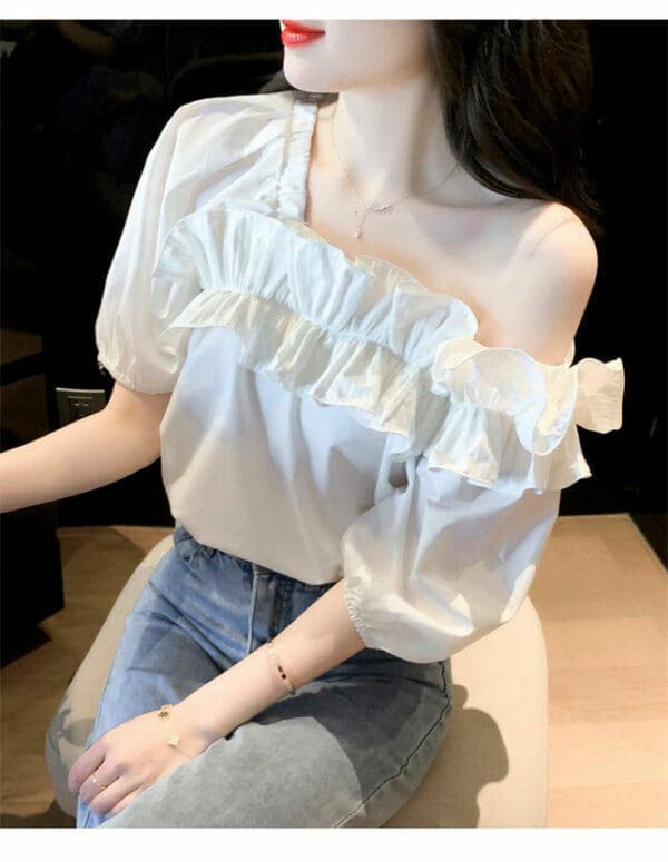 Korea Flouncing Off Shoulder Loosen Blouse 3