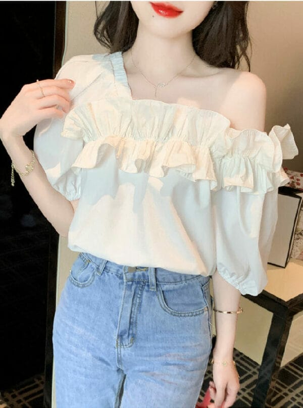 Korea Flouncing Off Shoulder Loosen Blouse 1