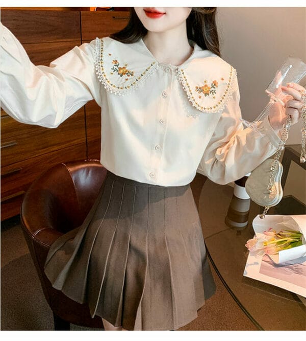Korea Flowers Embroidery Doll Collar Blouse 4