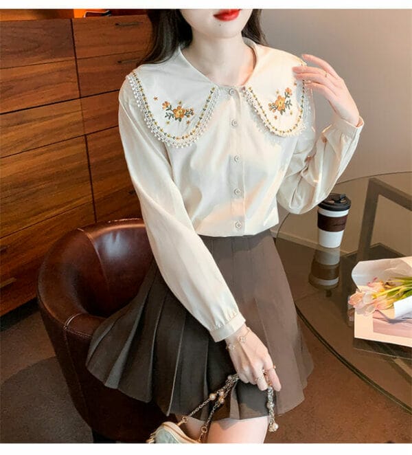 Korea Flowers Embroidery Doll Collar Blouse 3