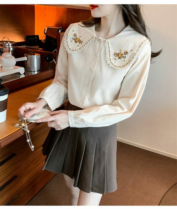 Korea Flowers Embroidery Doll Collar Blouse 2