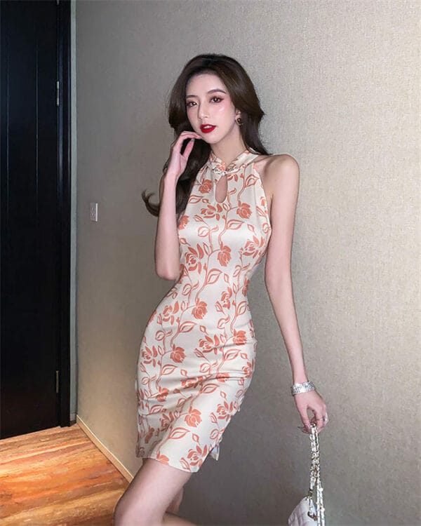 Korea Flowers Off Shoulder Cheongsam Tank Dress 3