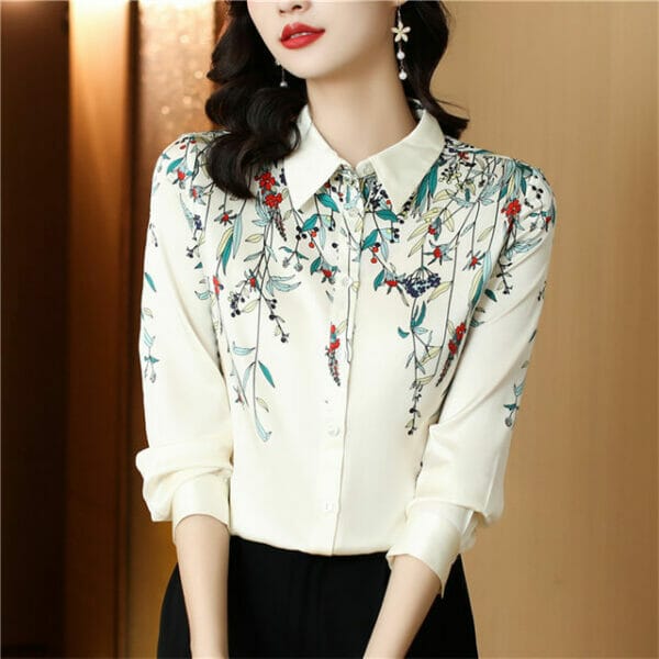 Korea Flowers Shirt Collar Casual Chiffon Blouse 3