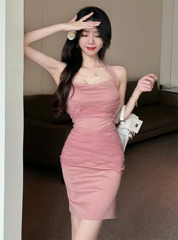 Korea Gauze Splicing Pleated Halter Dress 2