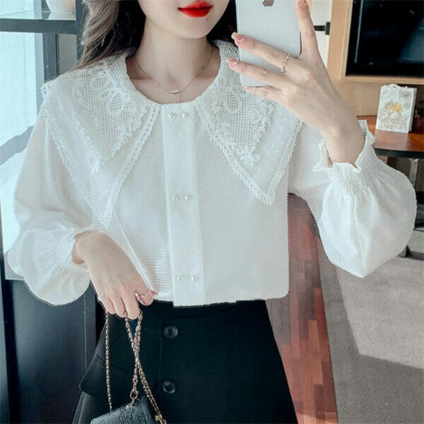 Korea Lace Flowers Doll Collar Long Sleeve Blouse 4