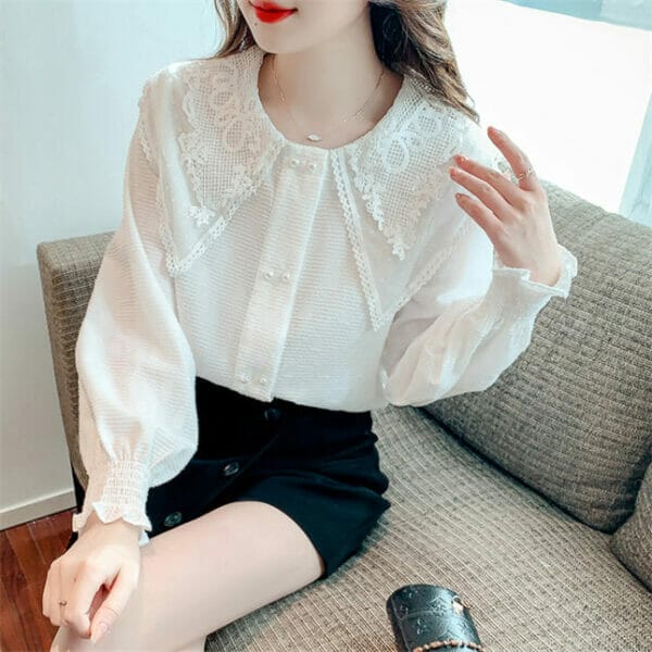 Korea Lace Flowers Doll Collar Long Sleeve Blouse 3