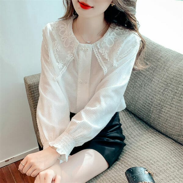 Korea Lace Flowers Doll Collar Long Sleeve Blouse 2